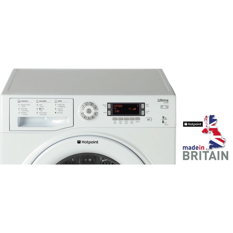 The Hotpoint Ultima SUTCD97B6GM Tumble Dryer in polar white is