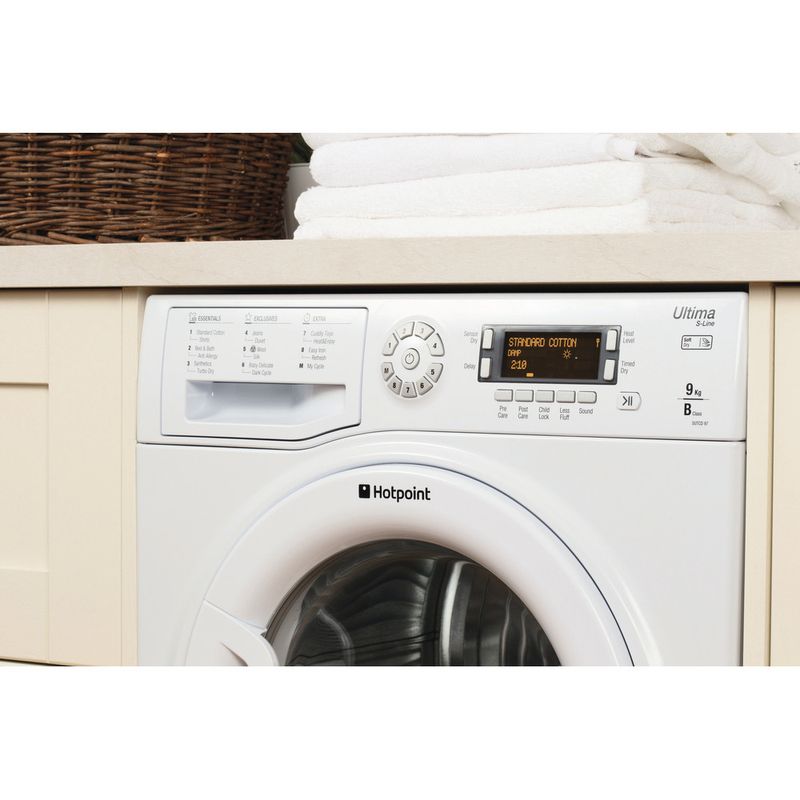 The Hotpoint Ultima SUTCD97B6GM Tumble Dryer in polar white is