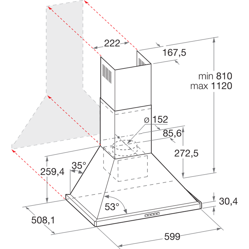 Hotpoint HOOD Built-in PHPN6.5 FLMX Inox Wall-mounted Mechanical Technical drawing