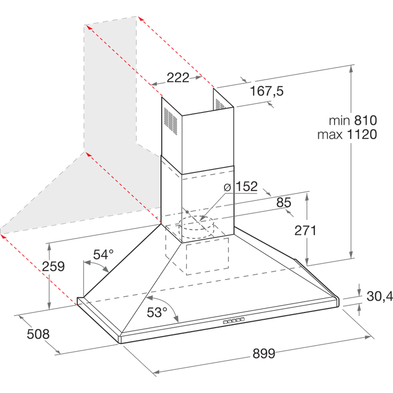 Hotpoint HOOD Built-in PHPN9.5FLMX Inox Wall-mounted Mechanical Technical drawing