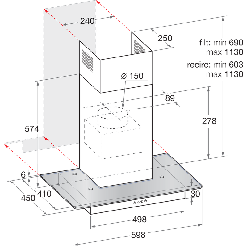 Hotpoint HOOD Built-in PHFG6.4FLMX Inox Wall-mounted Mechanical Technical drawing