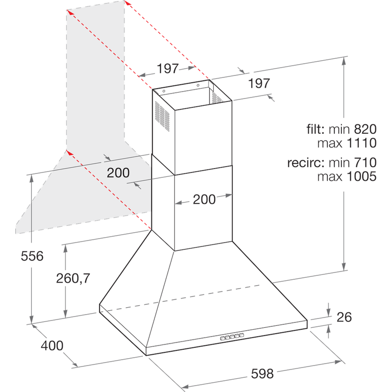 Hotpoint HOOD Built-in PHPC6.5FLMX White Wall-mounted Mechanical Technical drawing