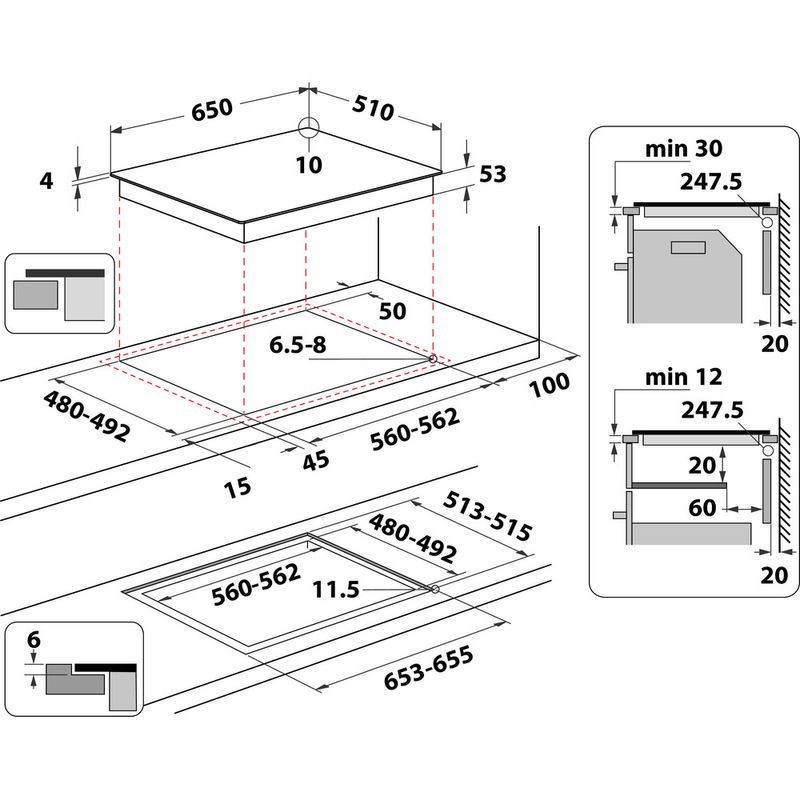 Hotpoint HOB ACO 654 NE Black Induction vitroceramic Technical drawing