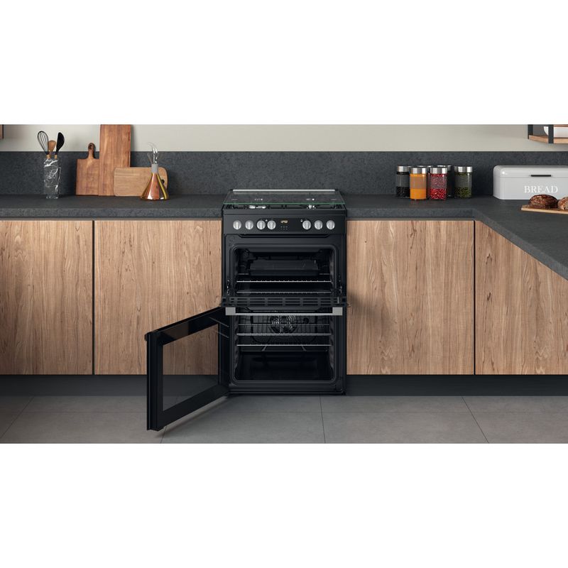 Hotpoint-Double-Cooker-HDM67G9C2CSB-UK-Black-A-Lifestyle-frontal-open