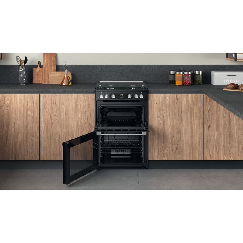 Hotpoint Double Cooker HDM67G0C2CB/UK Black A+ Lifestyle frontal open