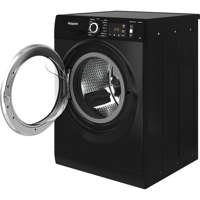 Hotpoint Washing machine Freestanding NM11 945 BC A UK N Black Front loader B Perspective open