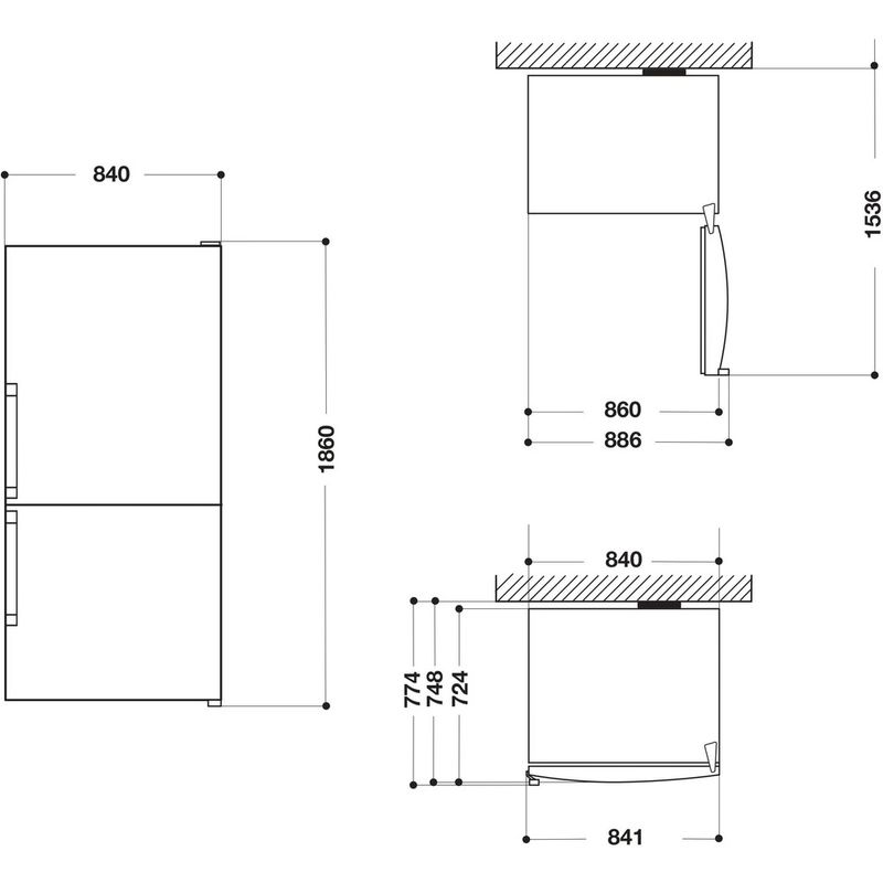 Hotpoint Fridge Freezer Freestanding H84BE 72 XO3 UK 2 Inox 2 doors Technical drawing
