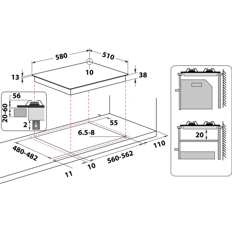 Hotpoint HOB PPH 60P F IX UK Inox GAS Technical drawing