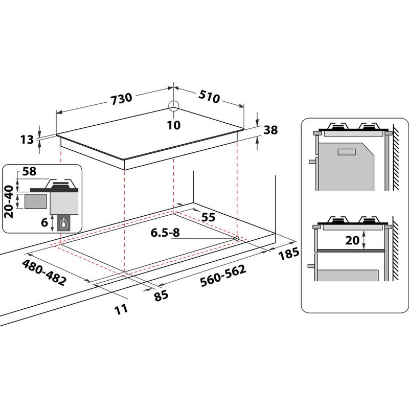 Hotpoint HOB PPH 75G DF IX UK Inox GAS Technical drawing