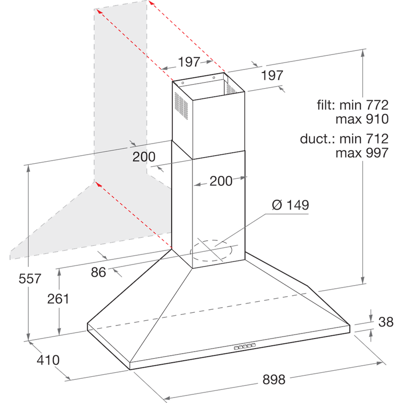 Hotpoint HOOD Built-in PHPN9.5FLMX/1 Inox Wall-mounted Mechanical Technical drawing