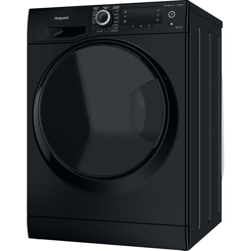 Hotpoint-Washer-dryer-Freestanding-NDD-9725-BDA-UK-Black-Front-loader-Perspective