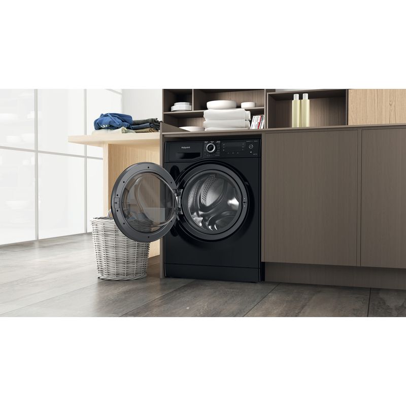 Hotpoint-Washer-dryer-Freestanding-NDD-9725-BDA-UK-Black-Front-loader-Lifestyle-perspective-open