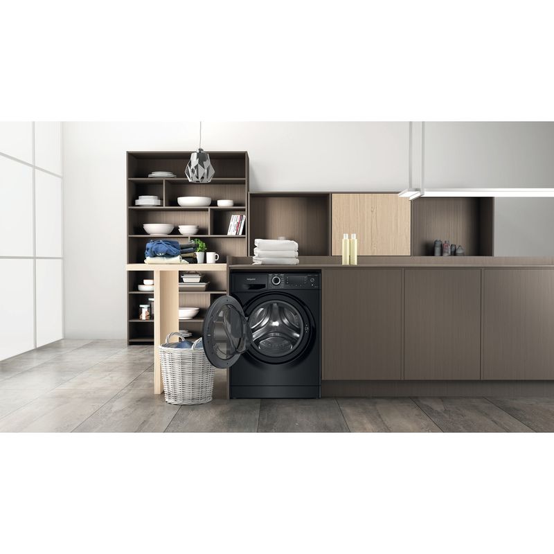 Hotpoint-Washer-dryer-Freestanding-NDD-9725-BDA-UK-Black-Front-loader-Lifestyle-frontal-open