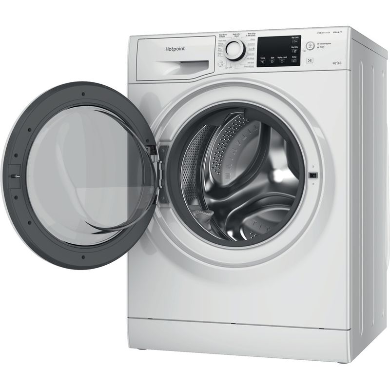 Hotpoint Washer dryer Freestanding NDB 9635 W UK White Front loader Perspective open