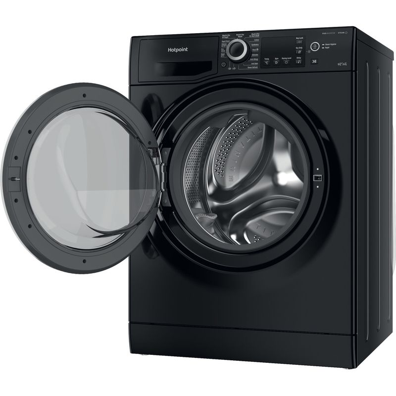 Hotpoint Washer dryer Freestanding NDB 9635 BS UK Black Front loader Perspective open