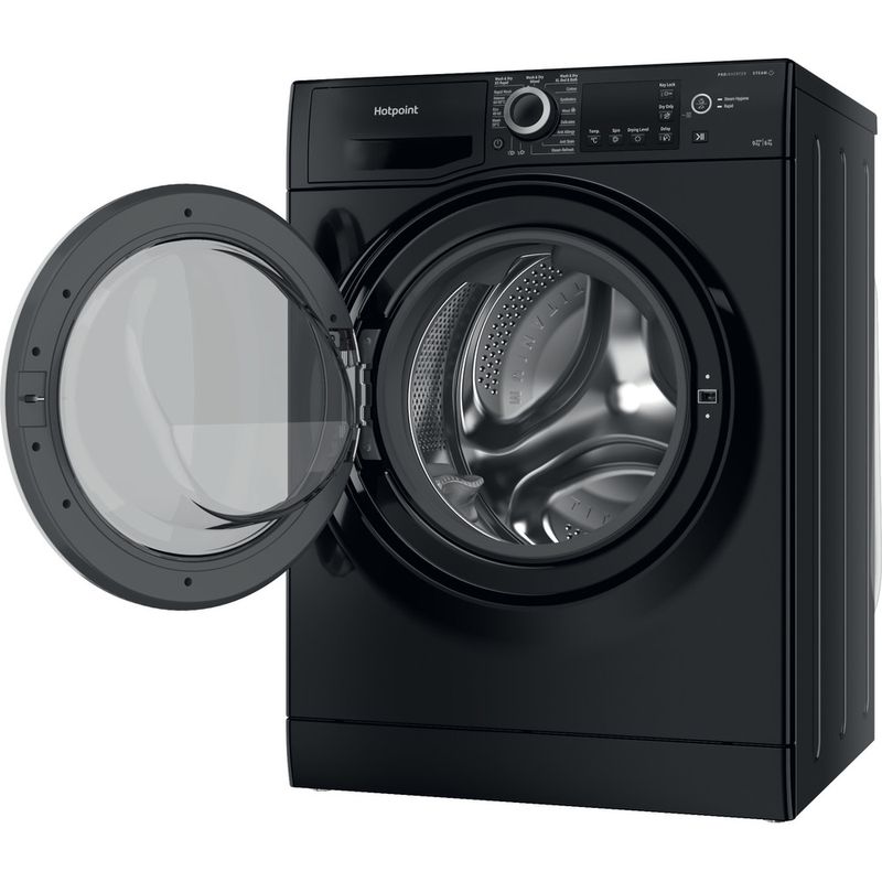 Hotpoint-Washer-dryer-Freestanding-NDB-9635-BS-UK-Black-Front-loader-Perspective-open