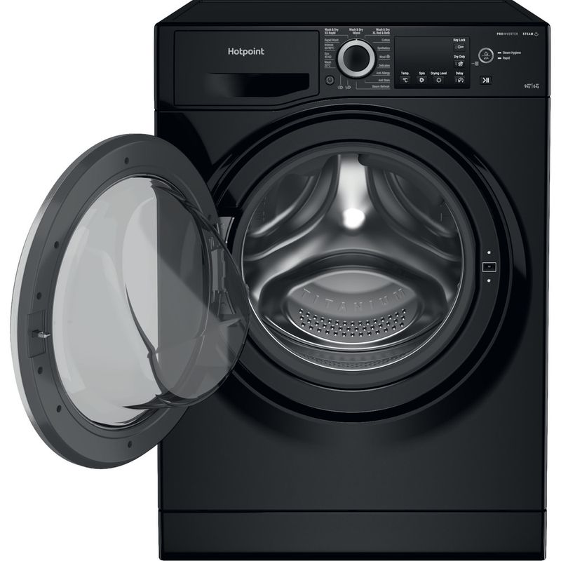 Hotpoint Washer dryer Freestanding NDB 9635 BS UK Black Front loader Frontal open