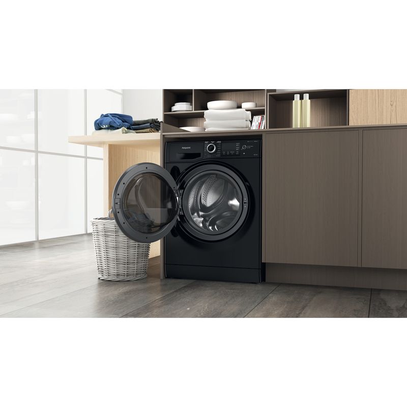 Hotpoint Washer dryer Freestanding NDB 9635 BS UK Black Front loader Lifestyle perspective open