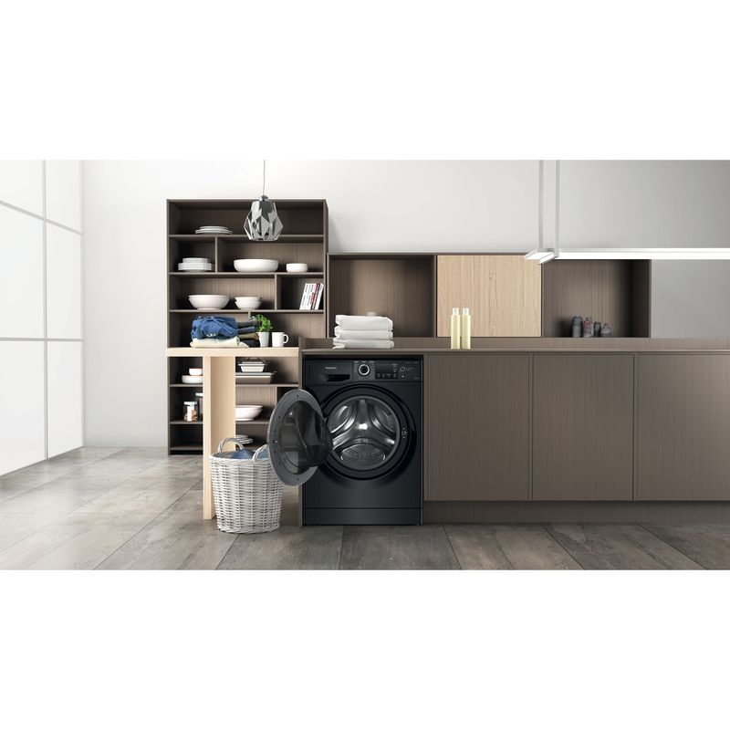 Hotpoint Washer dryer Freestanding NDB 9635 BS UK Black Front loader Lifestyle frontal open