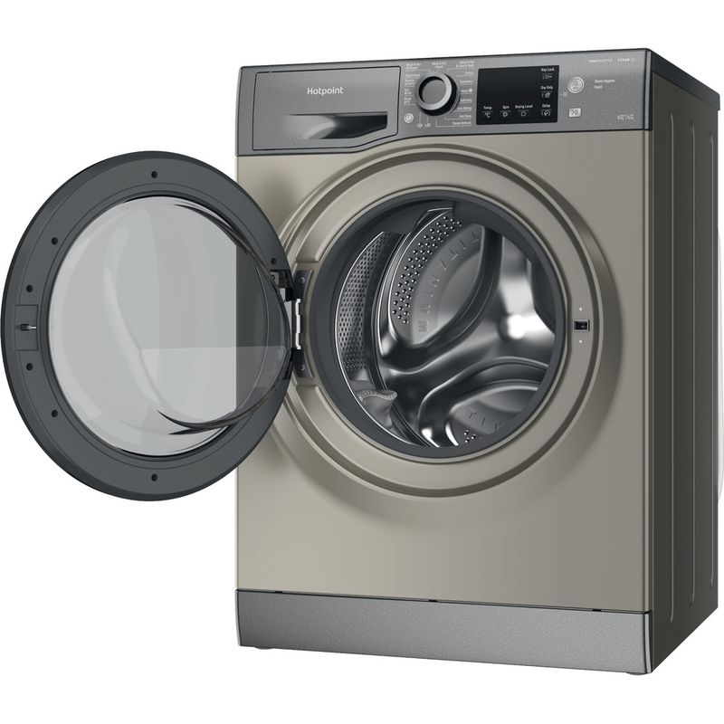 Hotpoint Washer dryer Freestanding NDB 9635 GK UK Graphite Front loader Perspective open