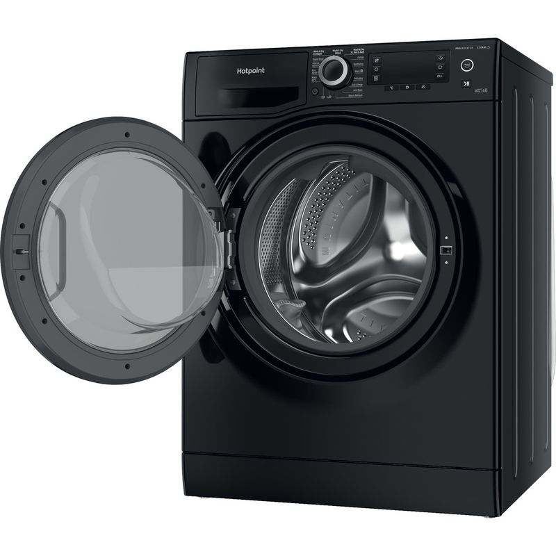 Hotpoint-Washer-dryer-Freestanding-NDD-8636-BDA-UK-Black-Front-loader-Perspective-open