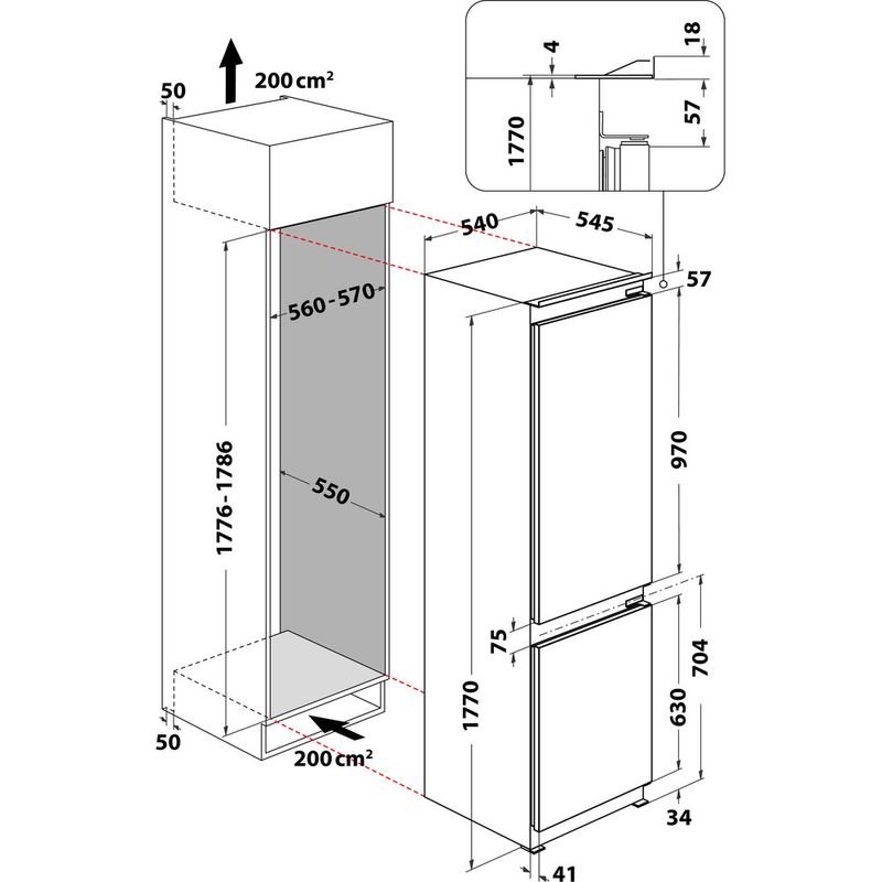 Hotpoint Fridge Freezer Built-in HMCB 70302 UK White 2 doors Technical drawing