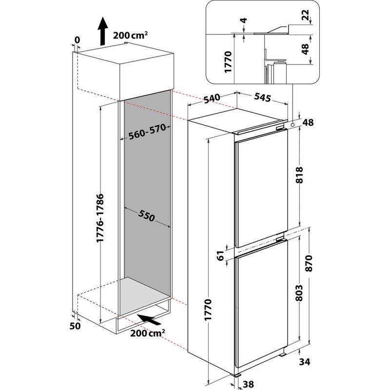 Hotpoint Fridge Freezer Built-in HMCB 50502 UK White 2 doors Technical drawing