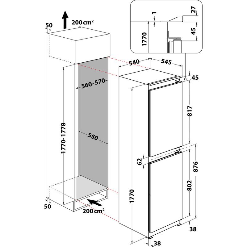 Hotpoint Fridge Freezer Built-in HBC18 5050 F2 White 2 doors Technical drawing