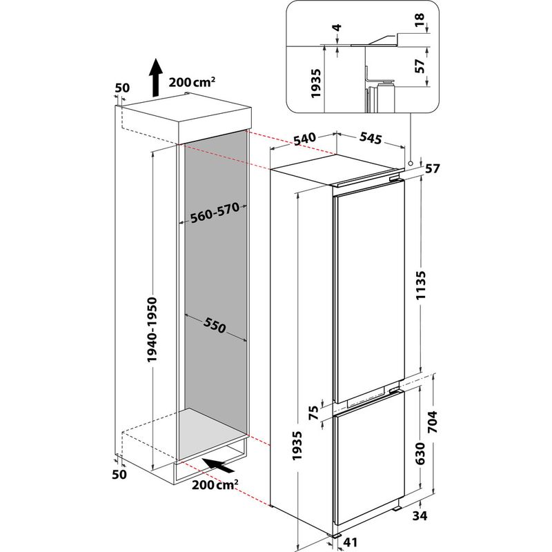 Hotpoint Fridge Freezer Built-in HTC20 T322 UK White 2 doors Technical drawing