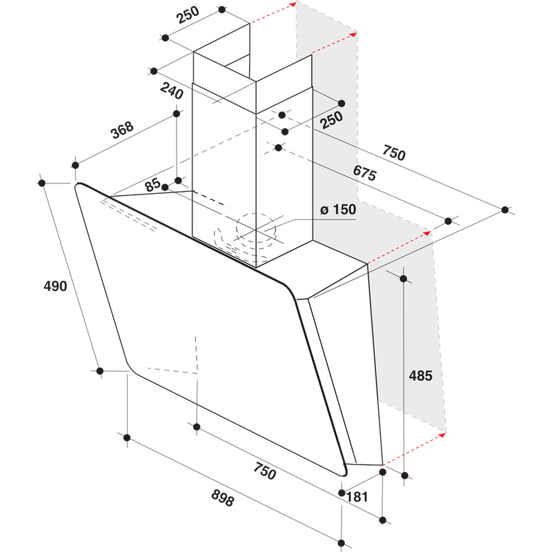 Hotpoint HOOD Built-in PHVS 91F LT DP K Black Wall-mounted Electronic Technical drawing