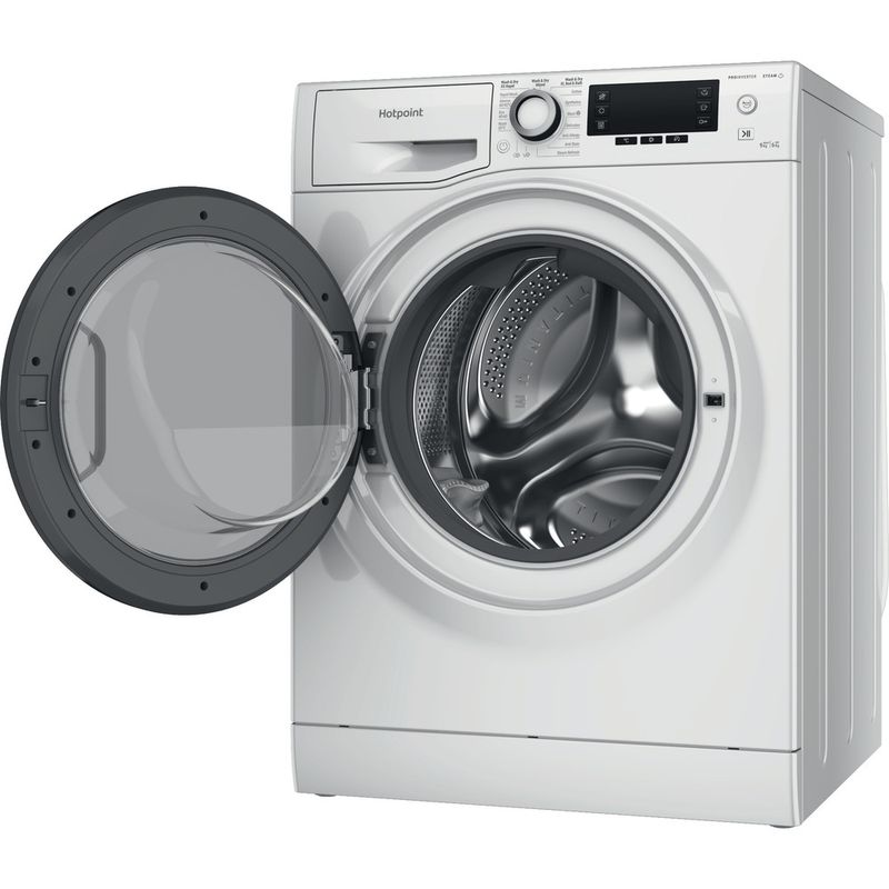 Hotpoint-Washer-dryer-Freestanding-NDD-96448-WDA-UK-White-Front-loader-Perspective-open