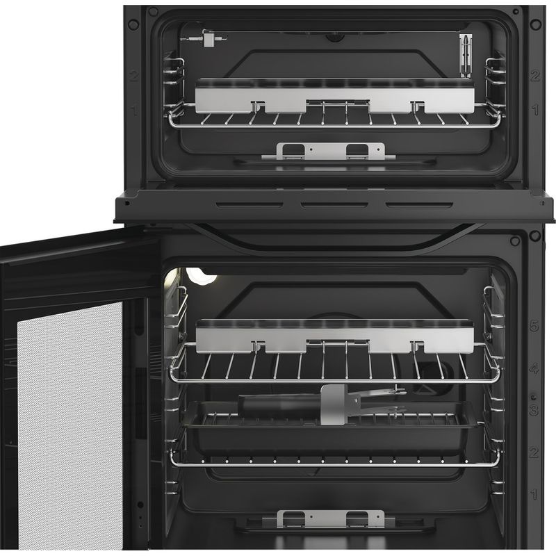 Hotpoint-Double-Cooker-HDG5GCB-Black-A--Enamelled-Sheetmetal-Lifestyle-frontal-open