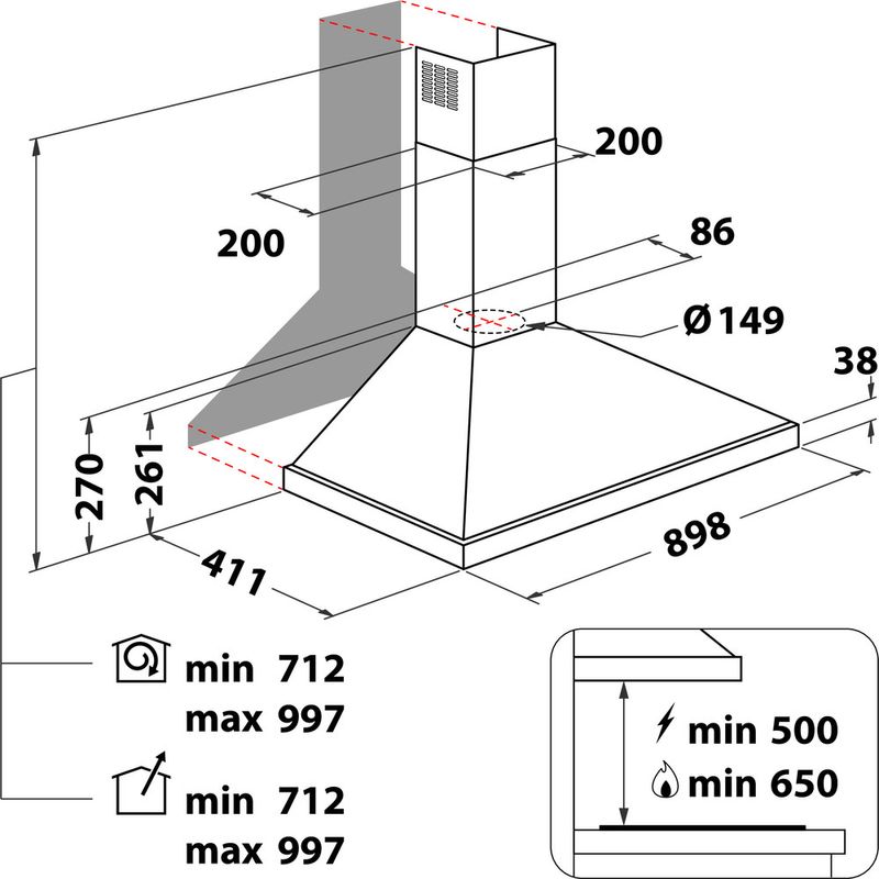Hotpoint HOOD Built-in PHPN9.5FLMX/1 Inox Wall-mounted Mechanical Technical drawing
