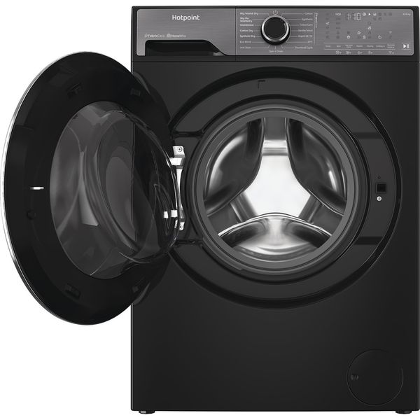 Hotpoint-Washer-dryer-Freestanding-HPD-9693B-CARE-UK-Piano-Black-Front-loader-Frontal-open