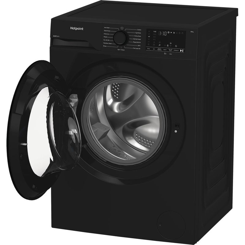 Hotpoint-Washing-machine-Freestanding-H-101B-ANTI-STAIN-UK-Black-Front-loader-A-Perspective-open