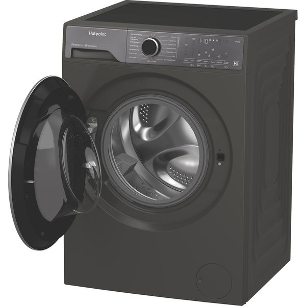 Hotpoint-Washer-dryer-Freestanding-HPD-9693G-CARE-UK-Manhattan-Grey-Front-loader-Perspective-open