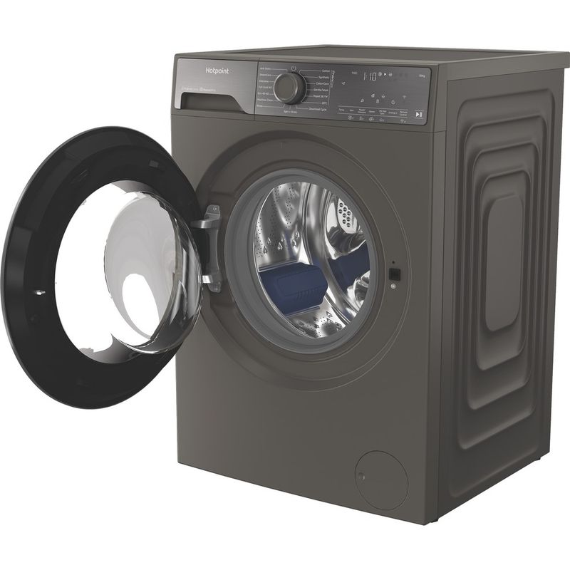 Hotpoint-Washing-machine-Freestanding-HB103WGCAREUK-Manhattan-Grey-Front-loader-A-Perspective-open