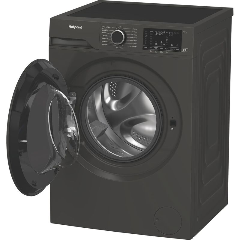 Hotpoint-Washer-dryer-Freestanding-HBD-1781G-ANTISTAIN-UK-Manhattan-Grey-Front-loader-Perspective-open