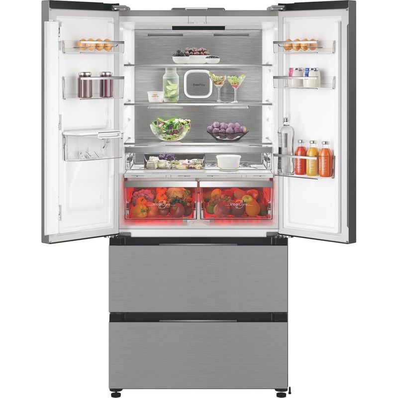 Hotpoint-Fridge-Freezer-Freestanding-HPG2-6514W-XP5UK-New-Silver-–-ARC-1035-3-doors-Lifestyle-frontal-open